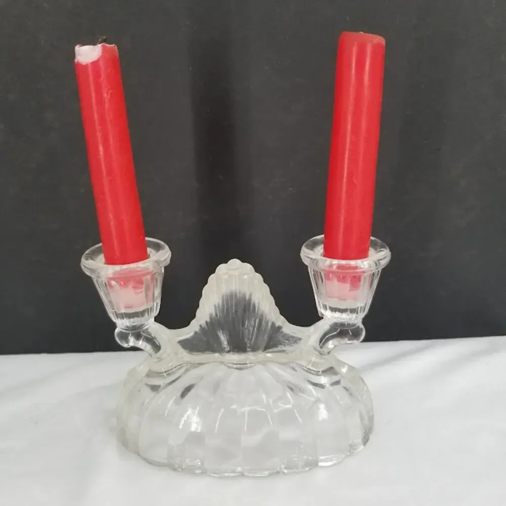 Vintage Pair Glass Double stick Candlestick Holders clear Pressed